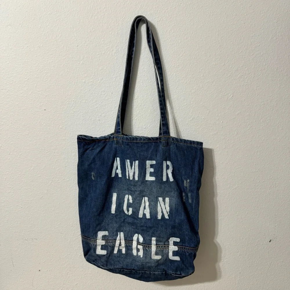 American Eagle Outfitters Denim Tote Book Bag Blue Jean‎ Purse Double Handles